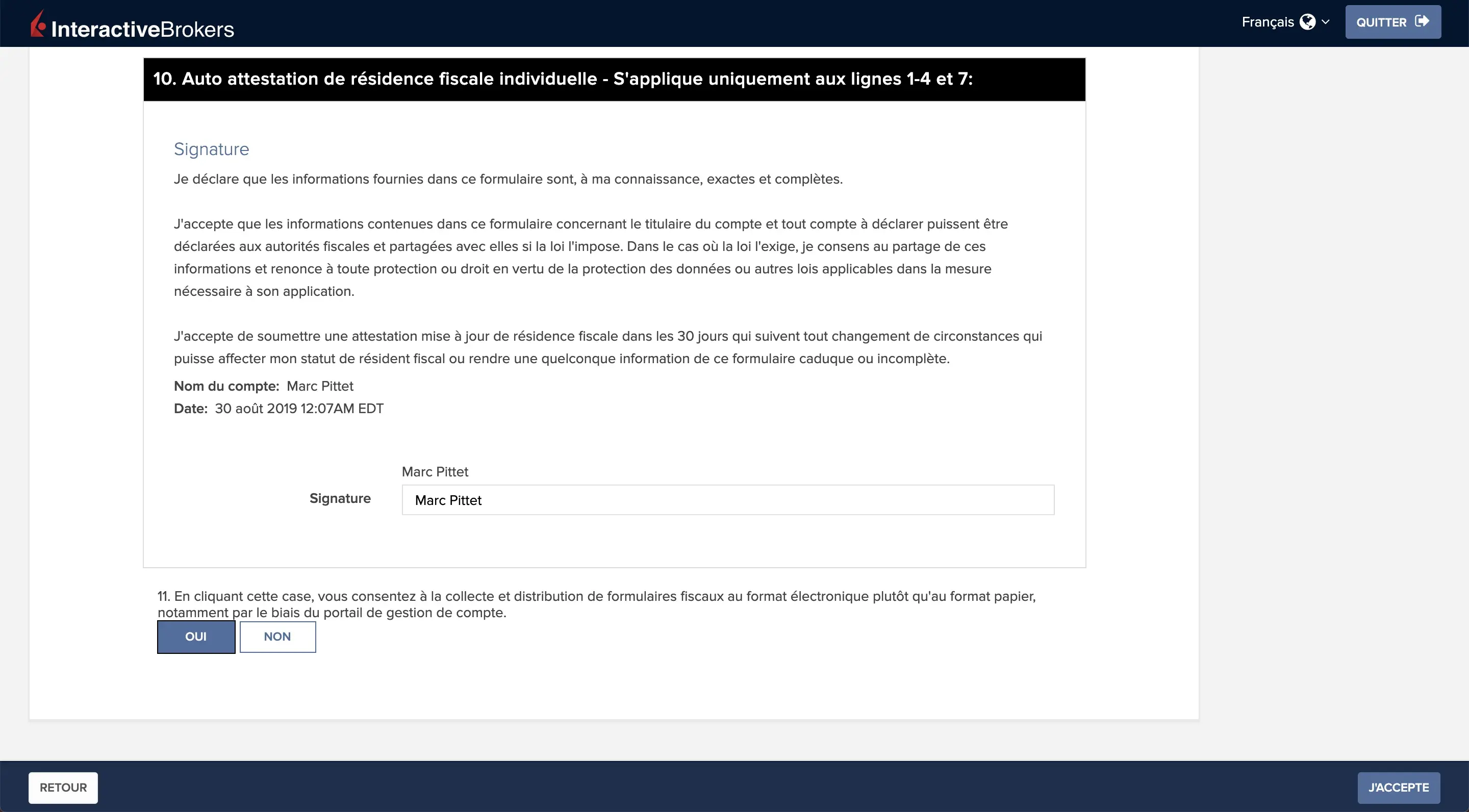 Attestion de résidences fiscales — Signature