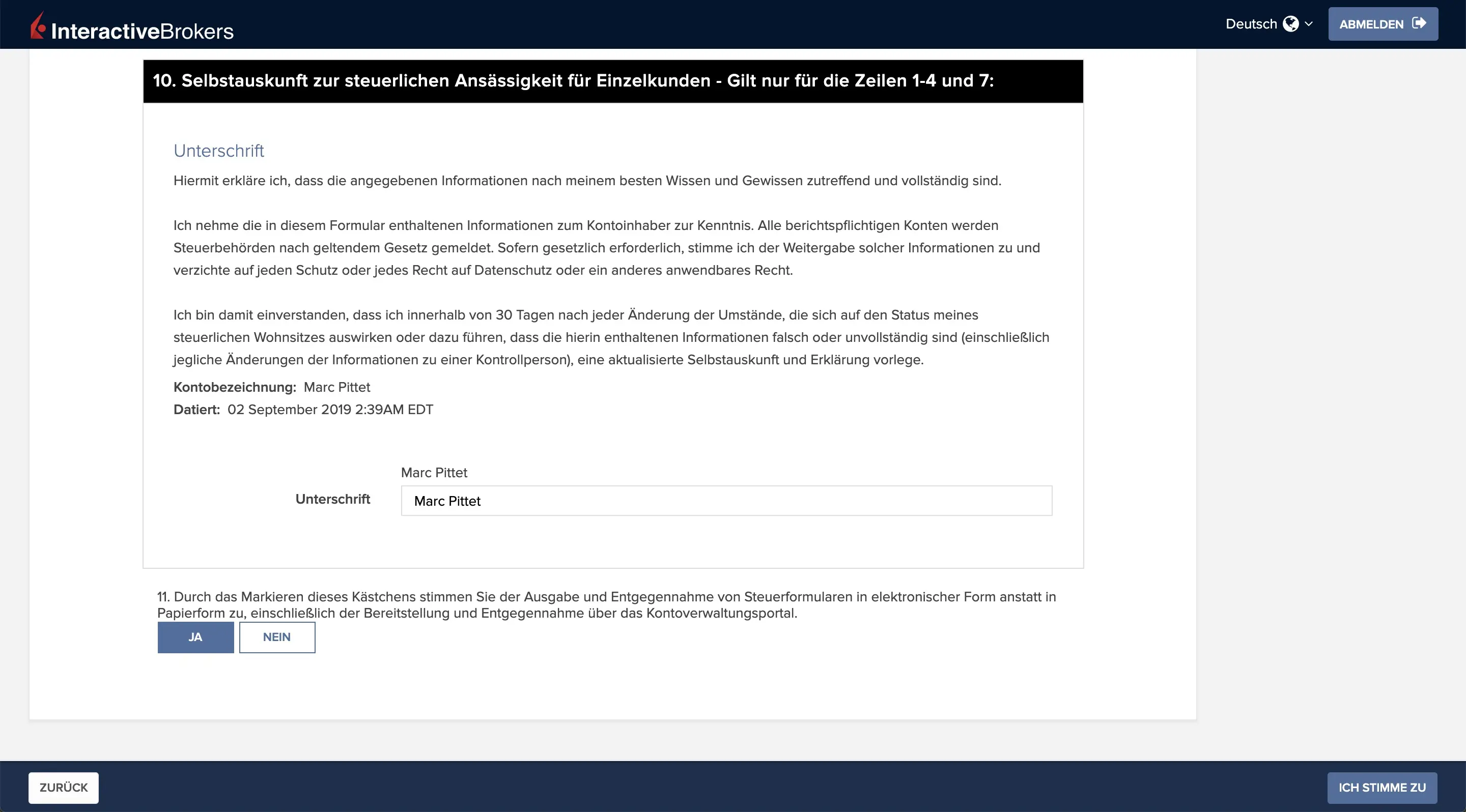 Bestätigung über Steuerresidenzen — Unterschrift