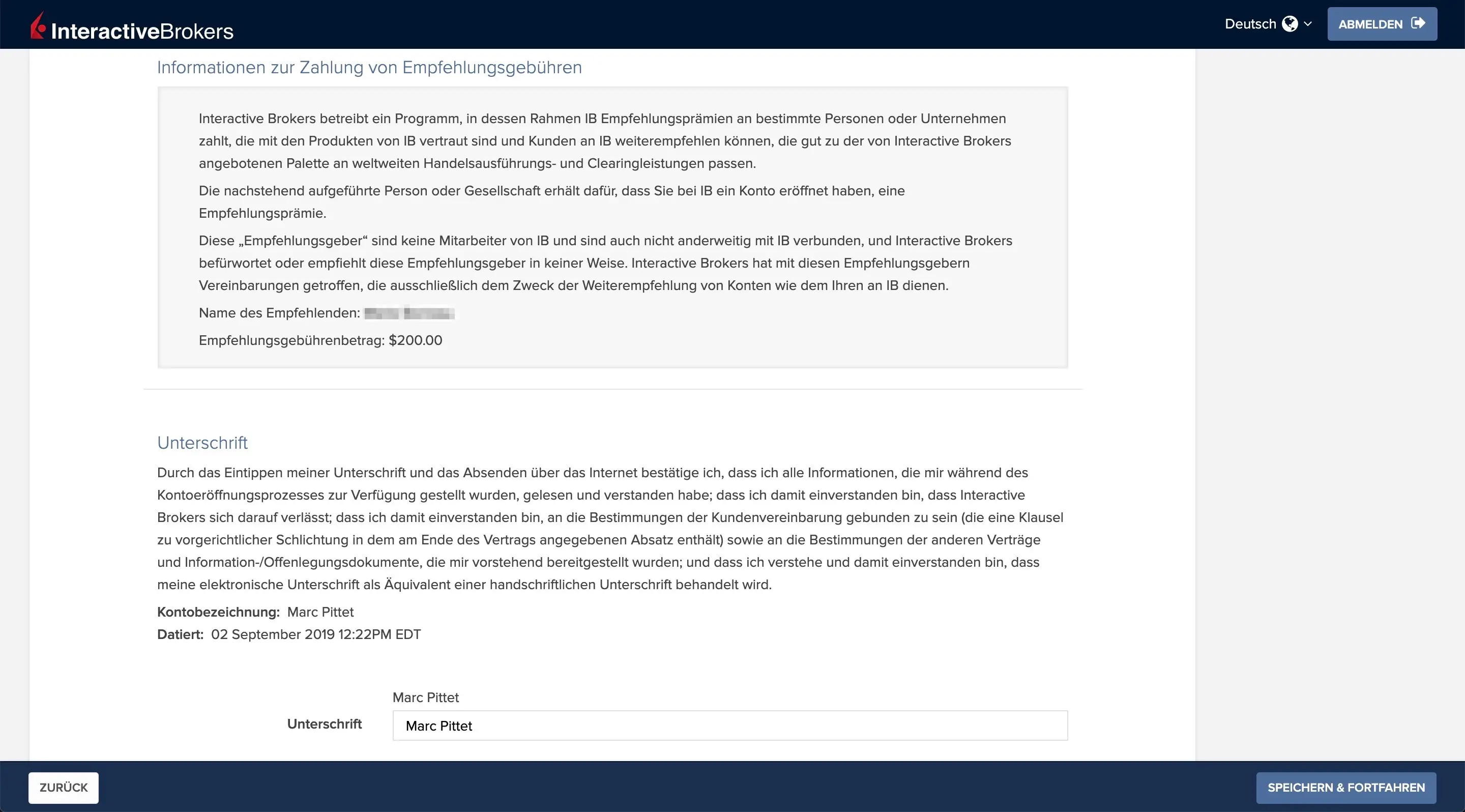 Offenlegung der Zahlung der Empfehlungsgebühr und Unterschrift