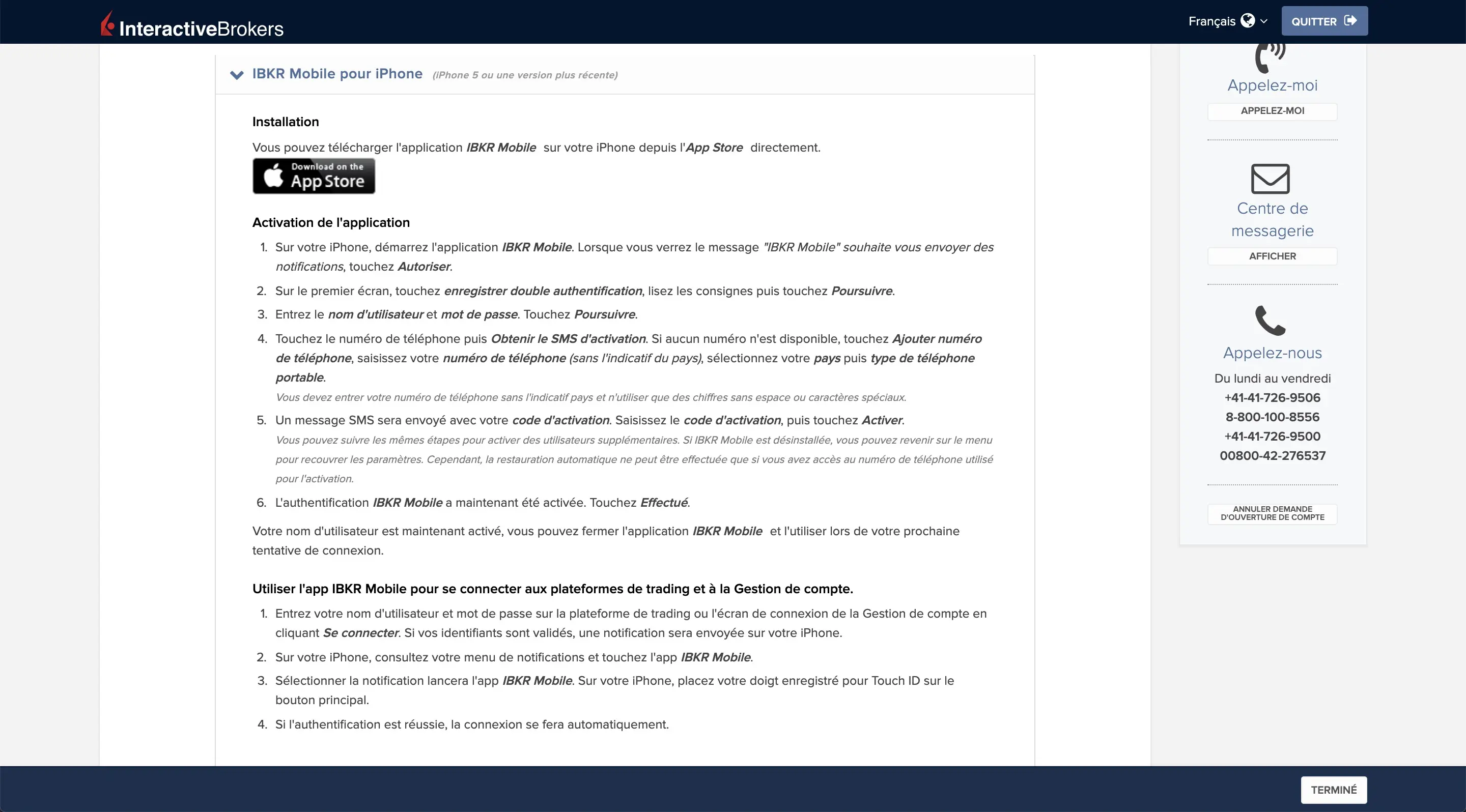 Procédure d'installation et d'activation de l'application mobile Interactive Brokers sur iOS