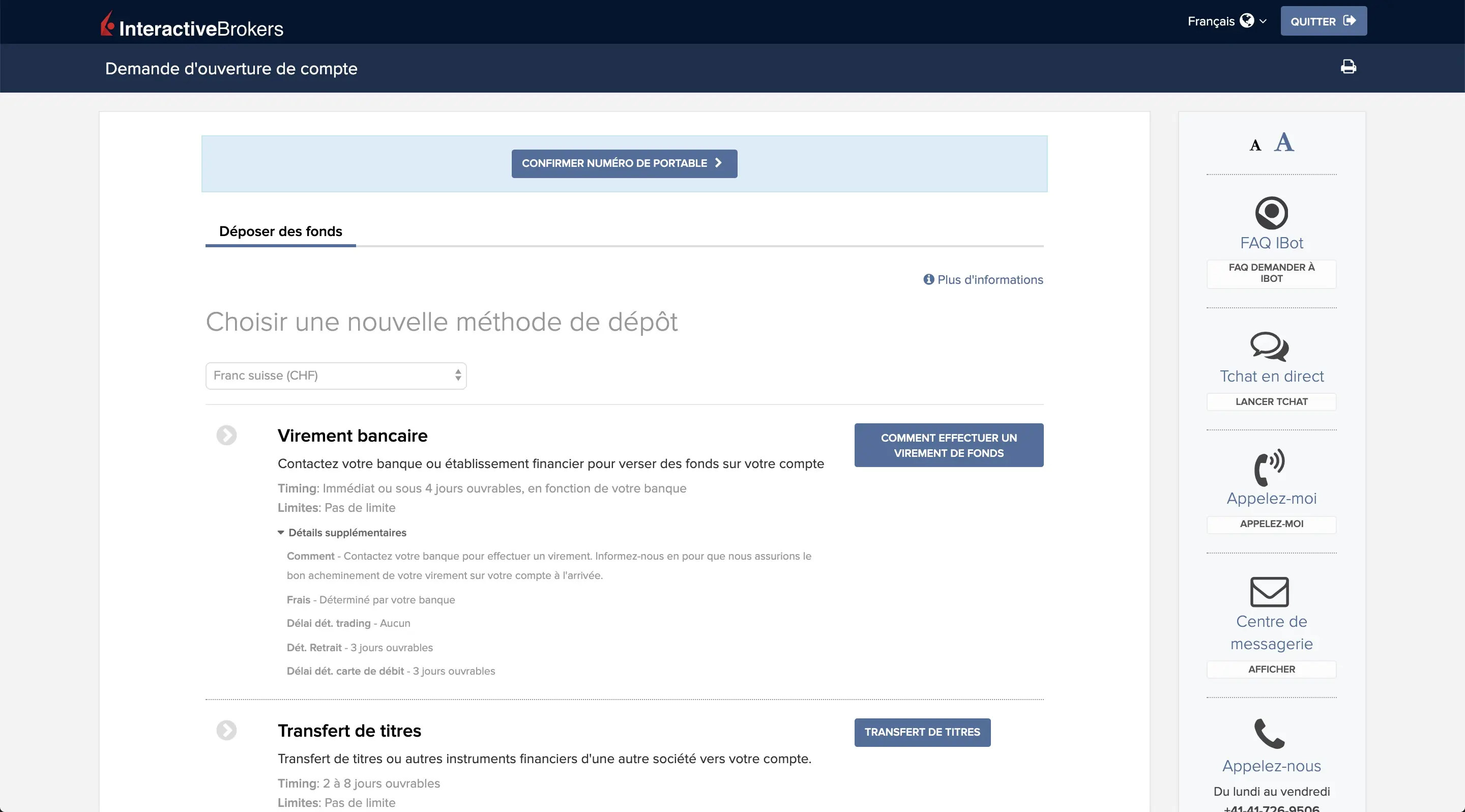 Choix de la devise de virement et de la méthode de dépôt