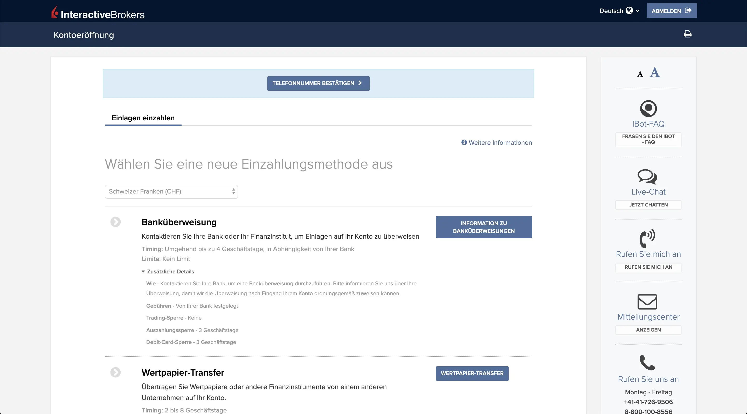Auswahl der Überweisungswährung und Einzahlungsmethode