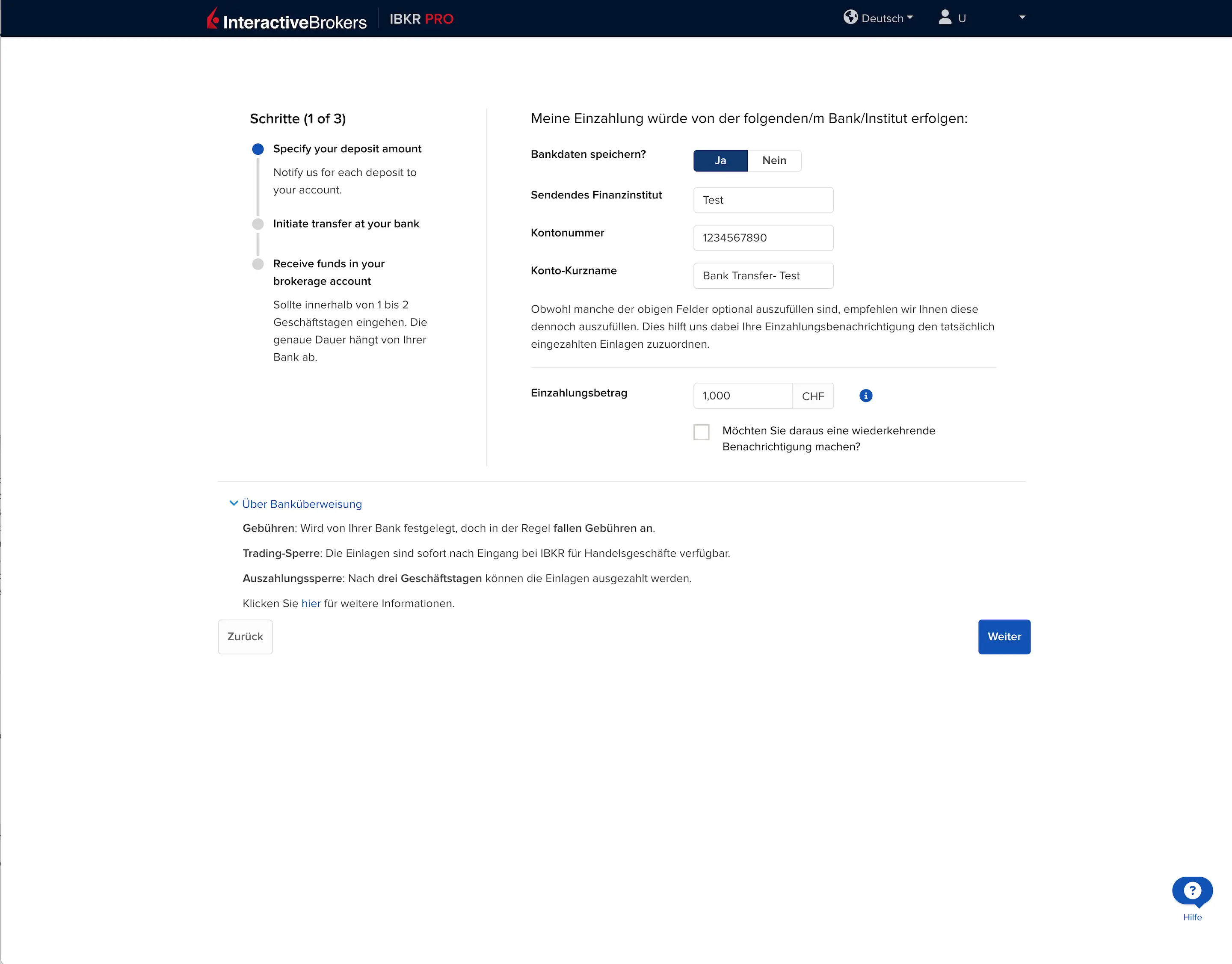 Erstellung einer Einzahlungsankündigung per Banküberweisung bei Interactive Brokers