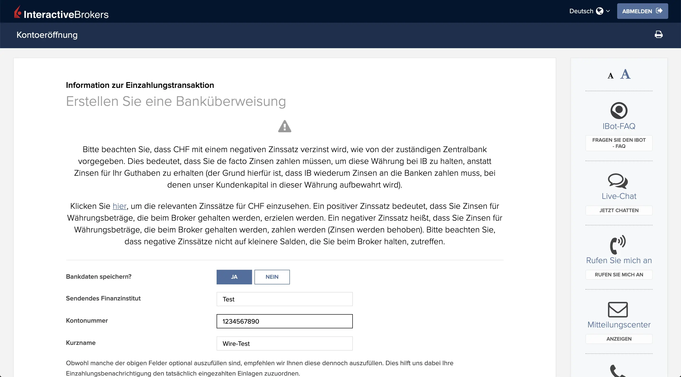 Erstellung einer Einzahlungsankündigung per Banküberweisung bei Interactive Brokers (1/2)