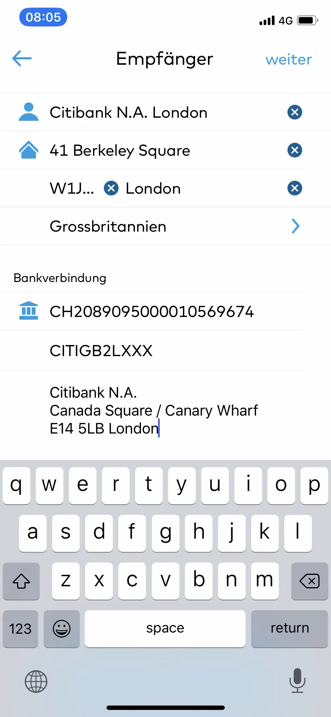 Eingabe der Überweisungsinformationen von Interactive Brokers in die Mobil-App von Zak (Folgebild)