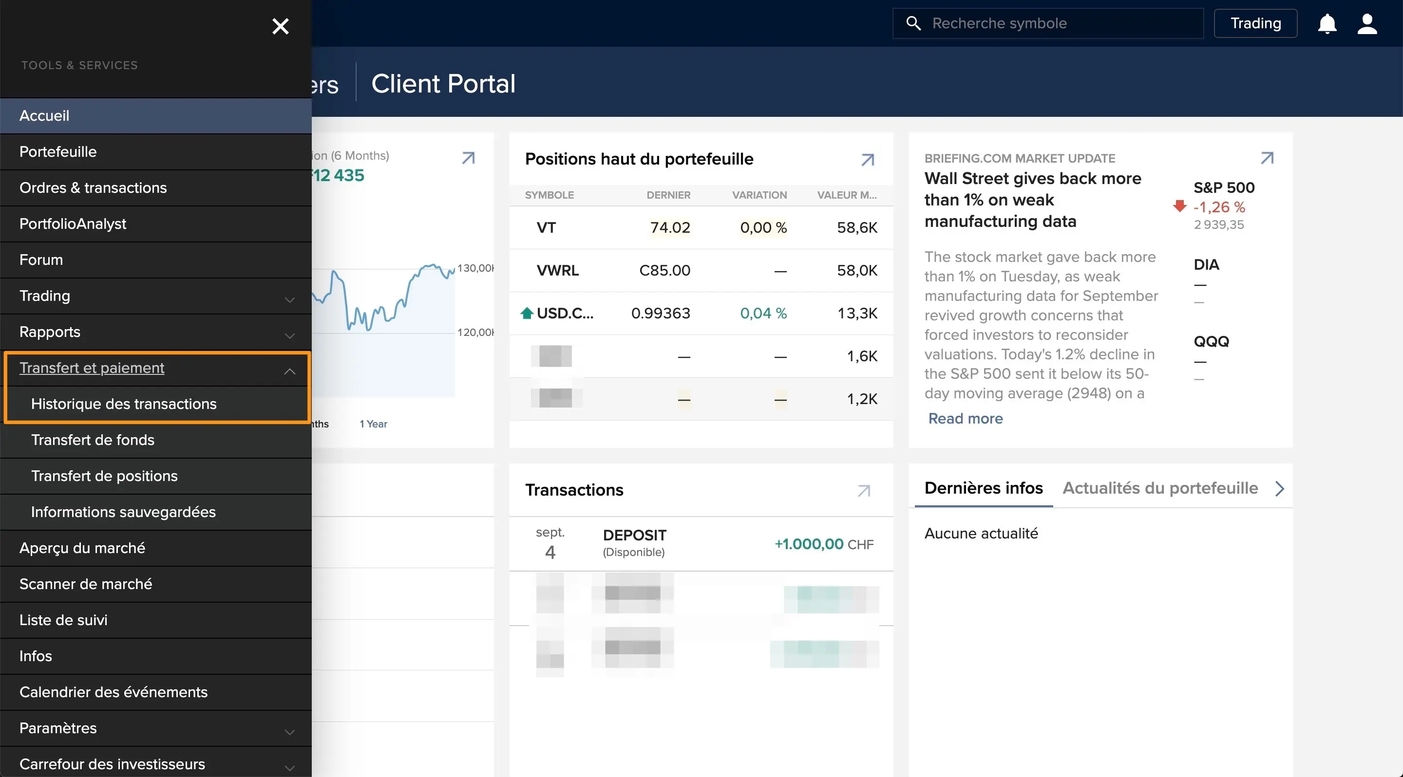 Lien du menu vers l'historique de tes transactions Interactive Brokers