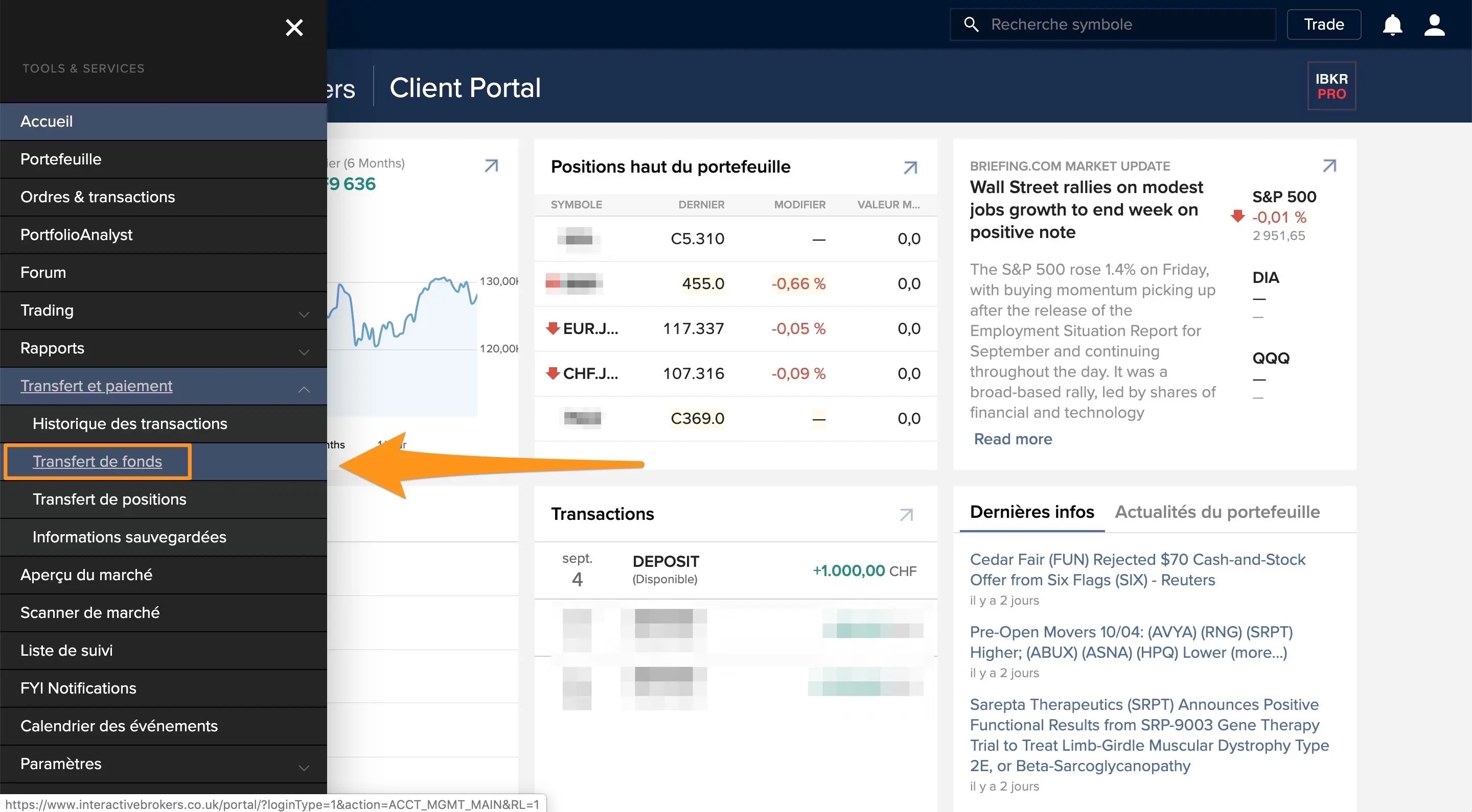 Menu principal &gt; Transfert et paiement &gt; Transfert de fonds