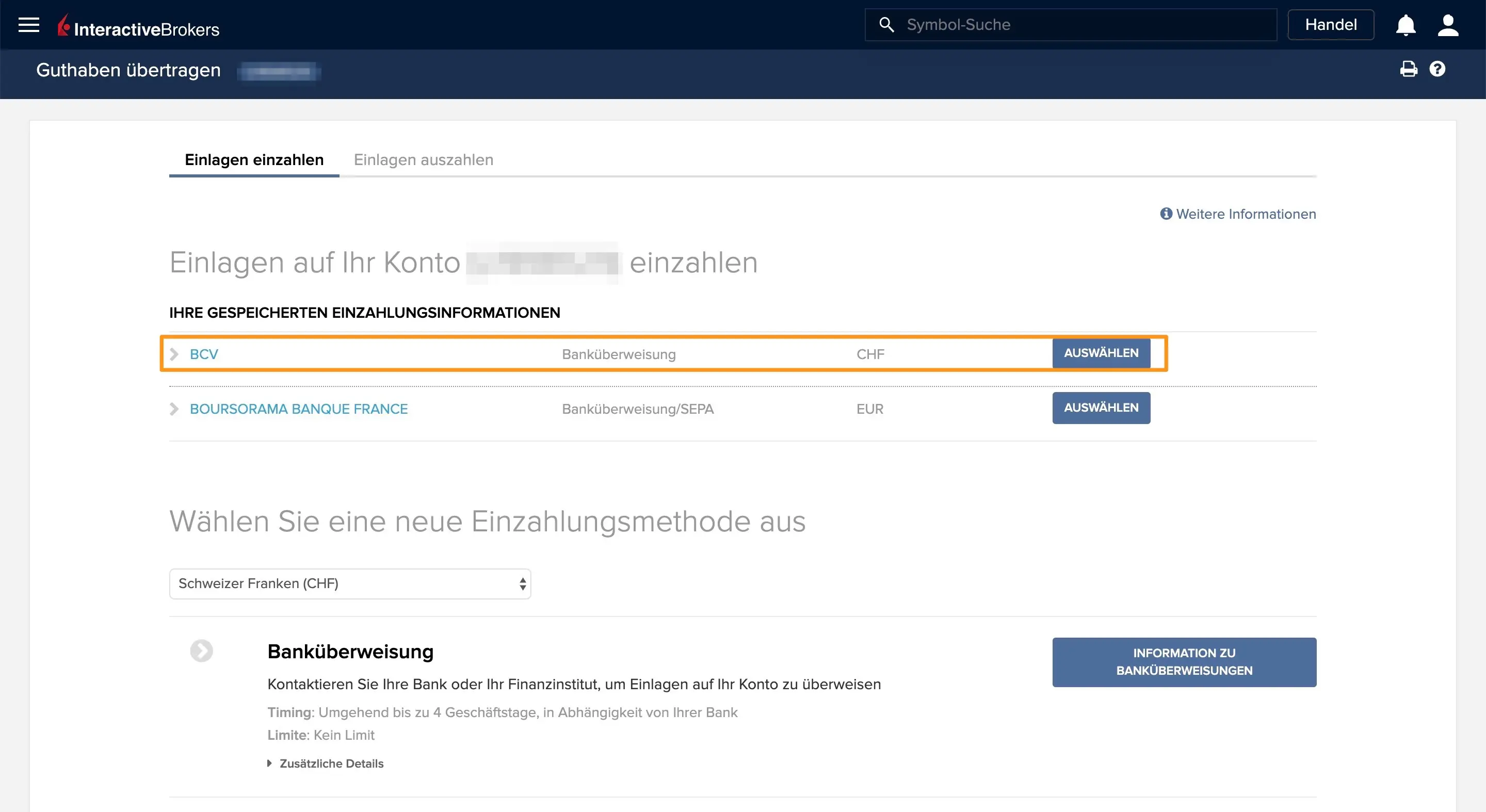 Wahl deiner Einzahlungsmethode: in meinem Fall beispielsweise über mein (altes) BCV-Konto
