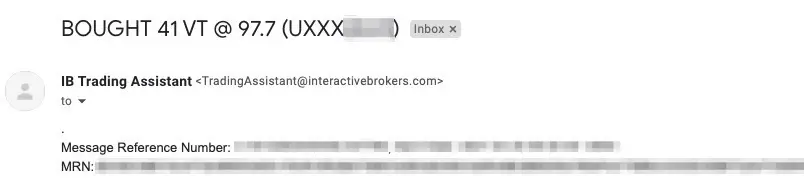 And here is the confirmation by email that our order to buy the VT ETF has been executed on Interactive Brokers