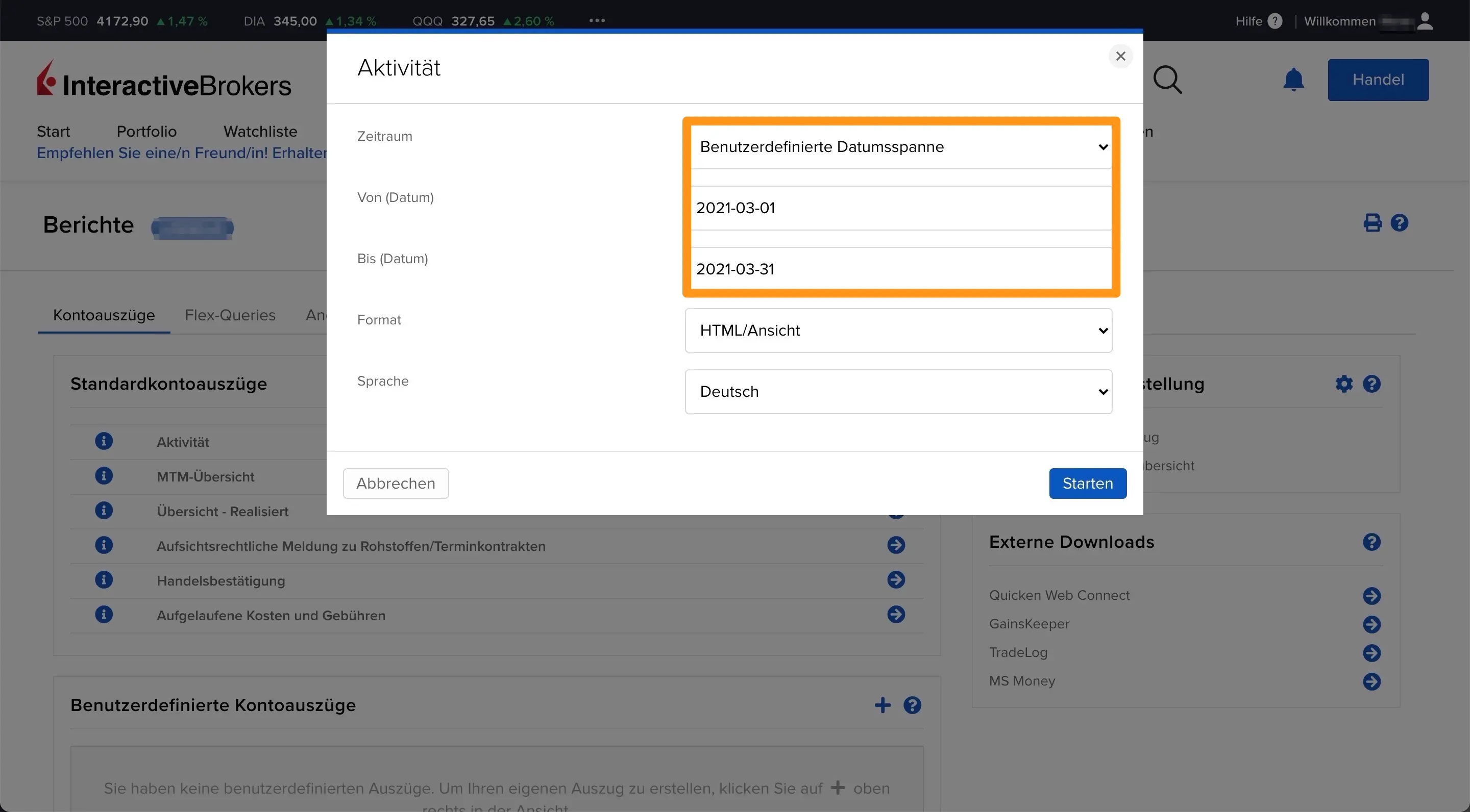 Auswahl des spezifischen Zeitraums für meinen Interactive Brokers-Aktivitätsbericht