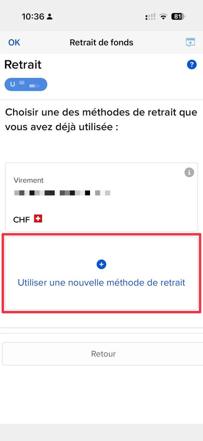 Ajout d'un compte bancaire suisse pour retrait Interactive Brokers