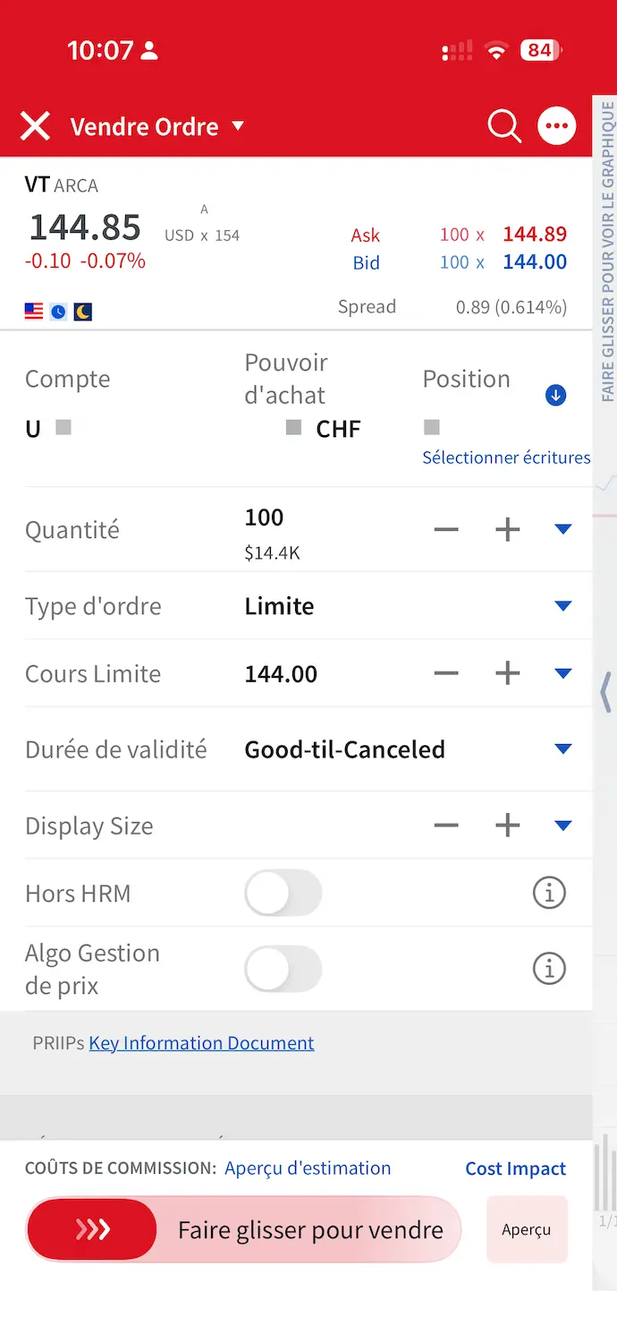 Écran de vente d'un ETF VT sur Interactive Brokers Mobile