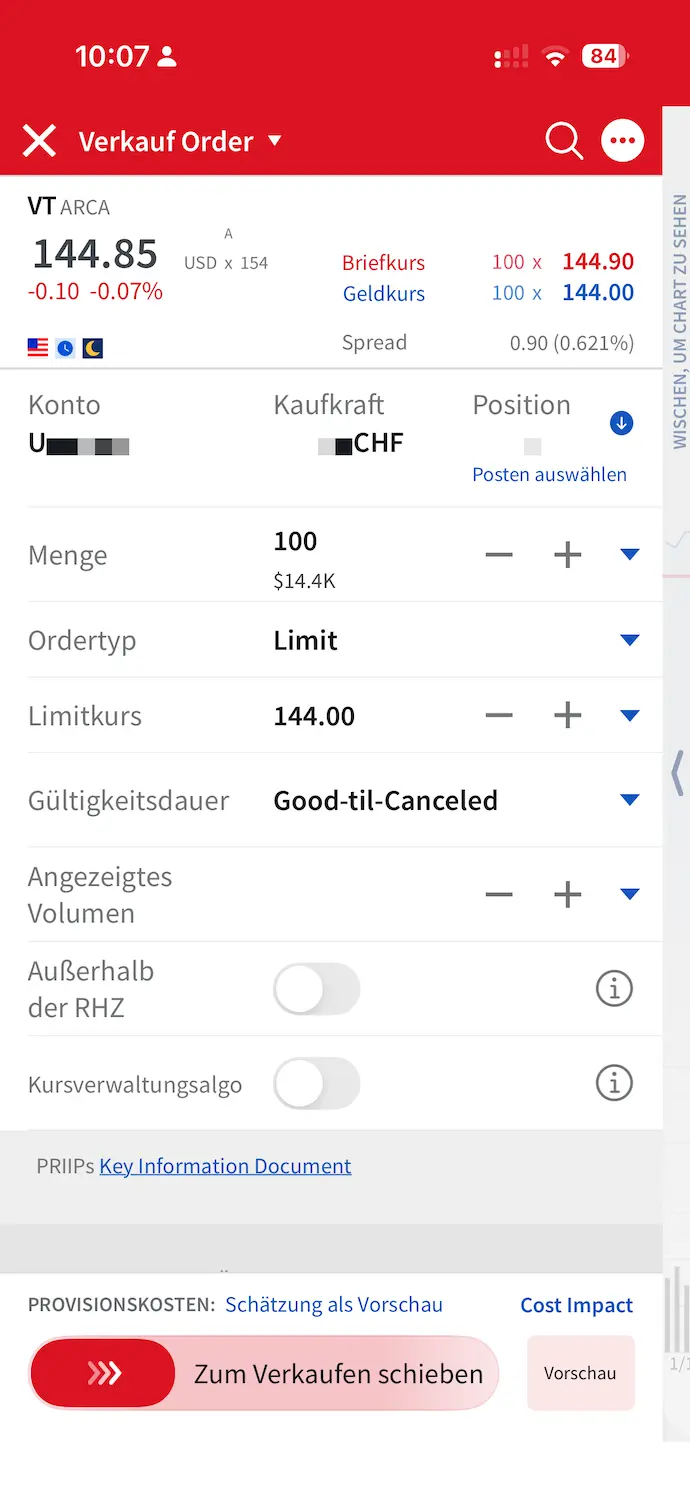 Verkaufsbildschirm für den VT ETF auf Interactive Brokers Mobile