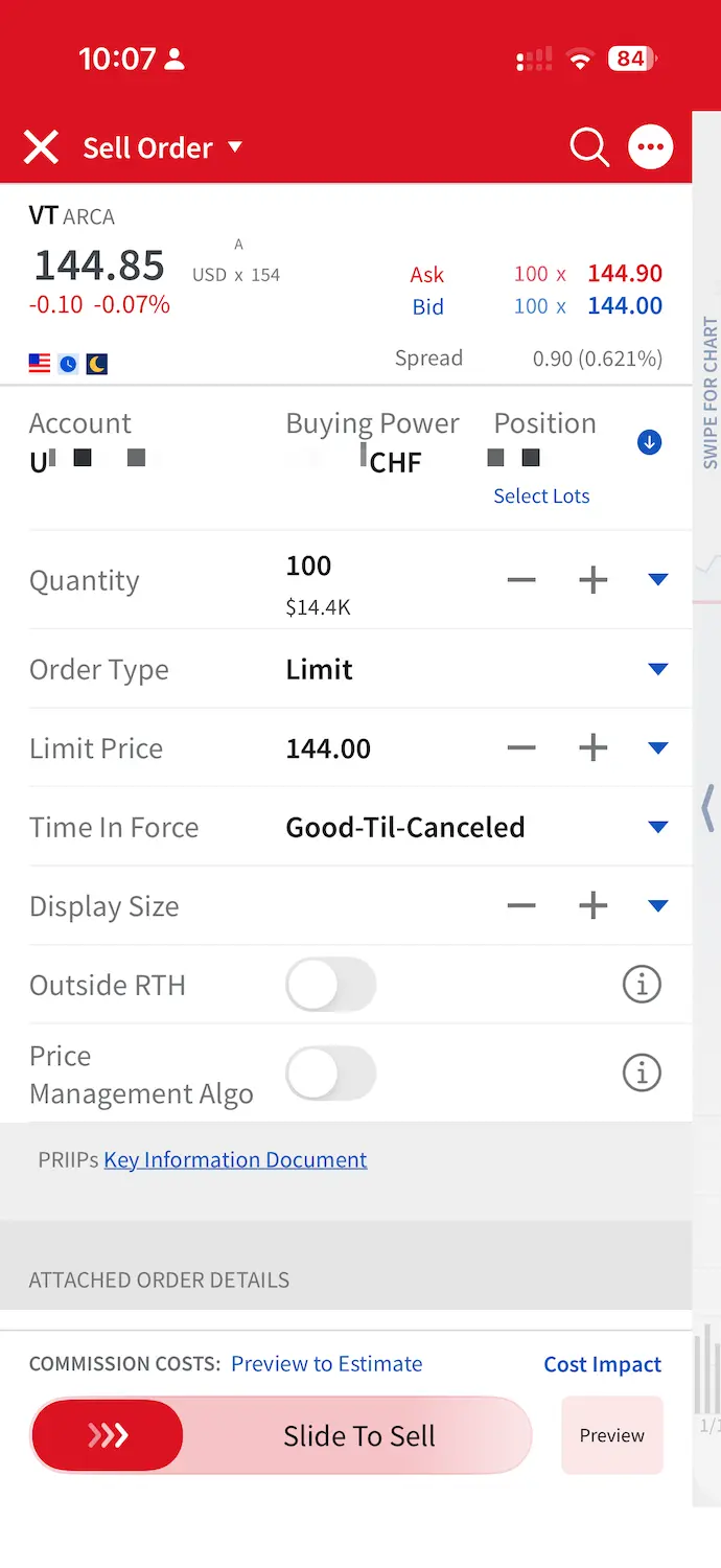 Sell order screen for the VT ETF on Interactive Brokers Mobile