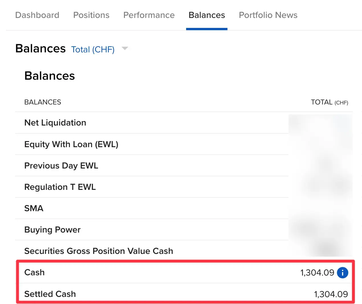 Settled cash in the 'Portfolio > Balances' view on Interactive Brokers