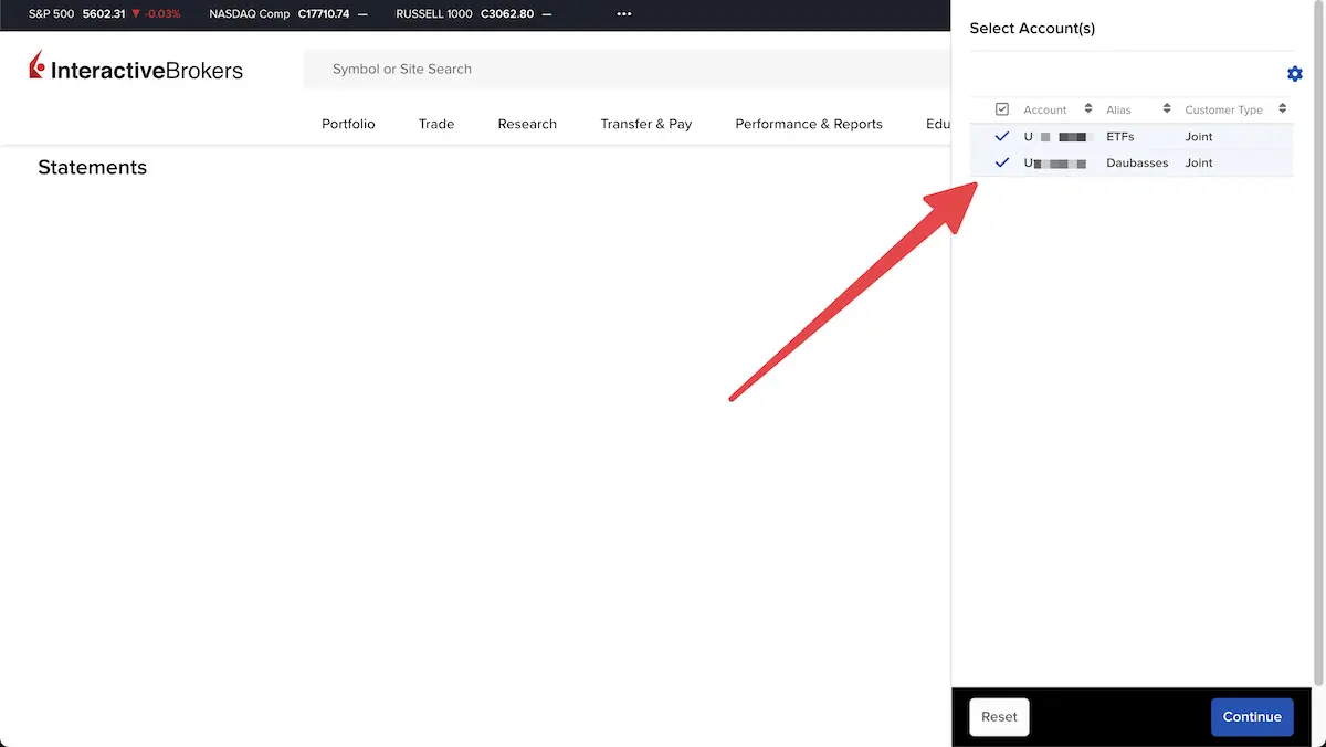 When you choose to view an Interactive Brokers statement, you can select one or more of your sub-accounts, which is handy!