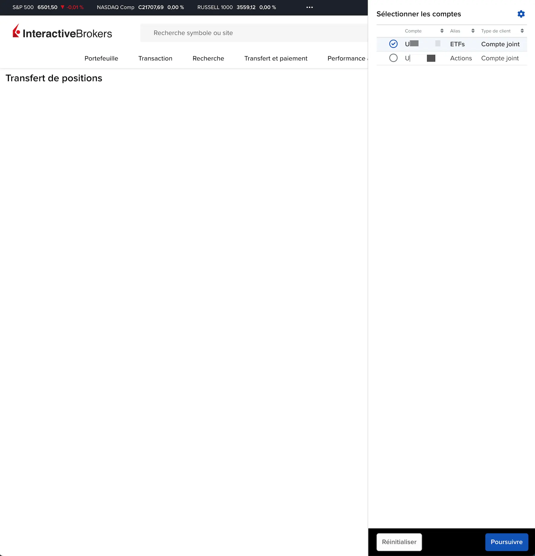 Choisis le compte source depuis lequel tu veux envoyer tes positions (vers un autre sous-compte IBKR)