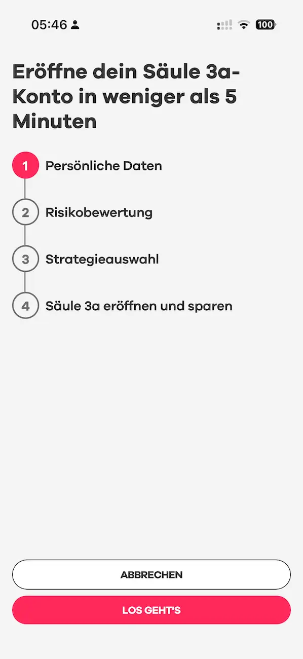 Bildschirm zur Eröffnung eines 3a-Kontos bei neon