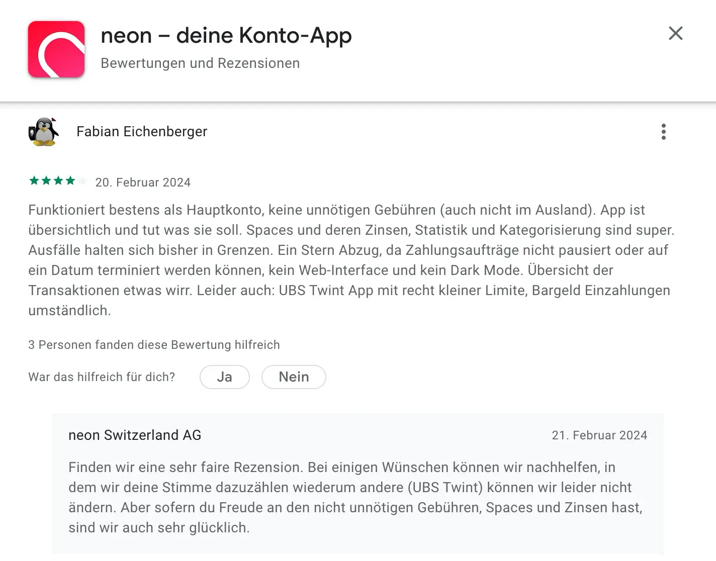 Ein Beispiel für einen Kommentar zur neon-App auf Android
