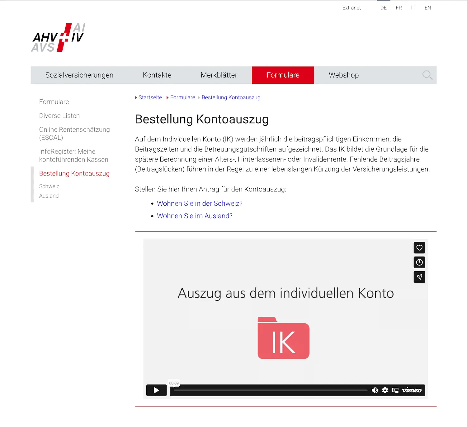 Webseite der AHV, um einen individuellen Kontoauszug zu bestellen