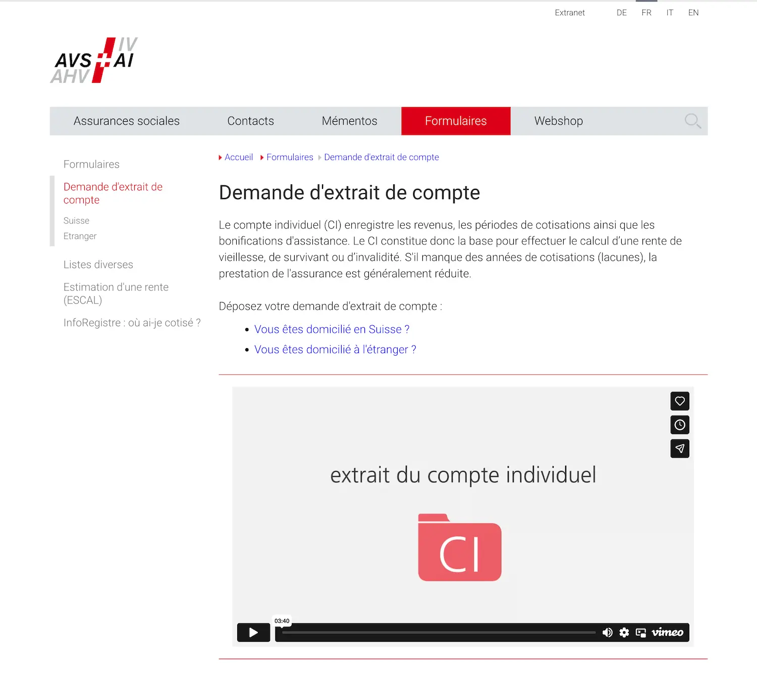 Page web de l'AVS pour demander un extrait de compte individuel AVS