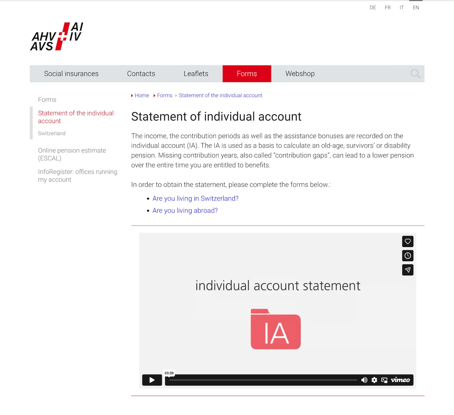 OASI website page to request an individual OASI account statement