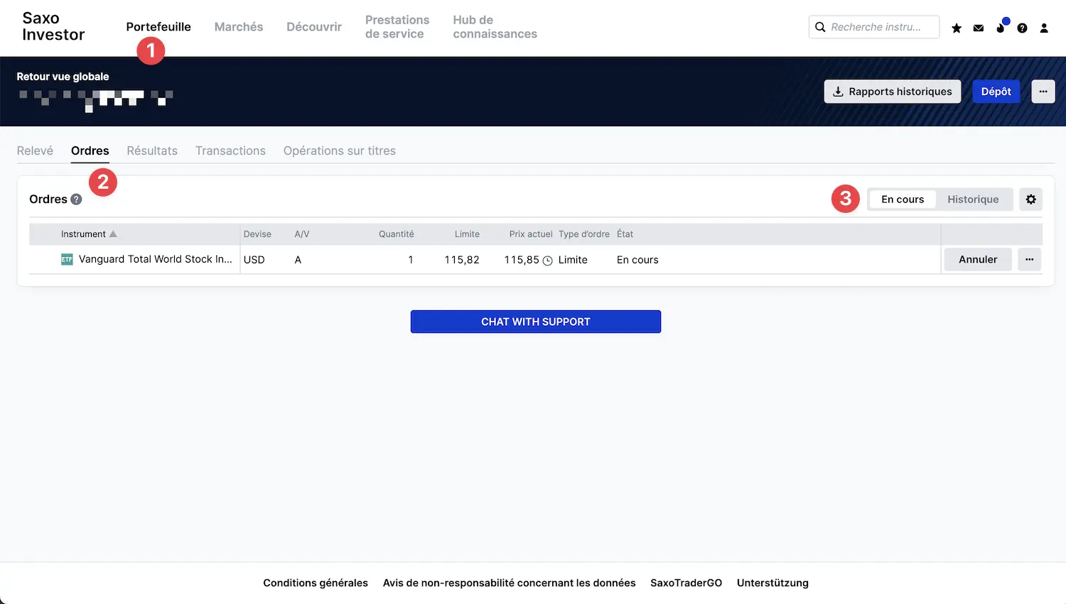 Liste de tes ordres en cours sur Saxo Bank