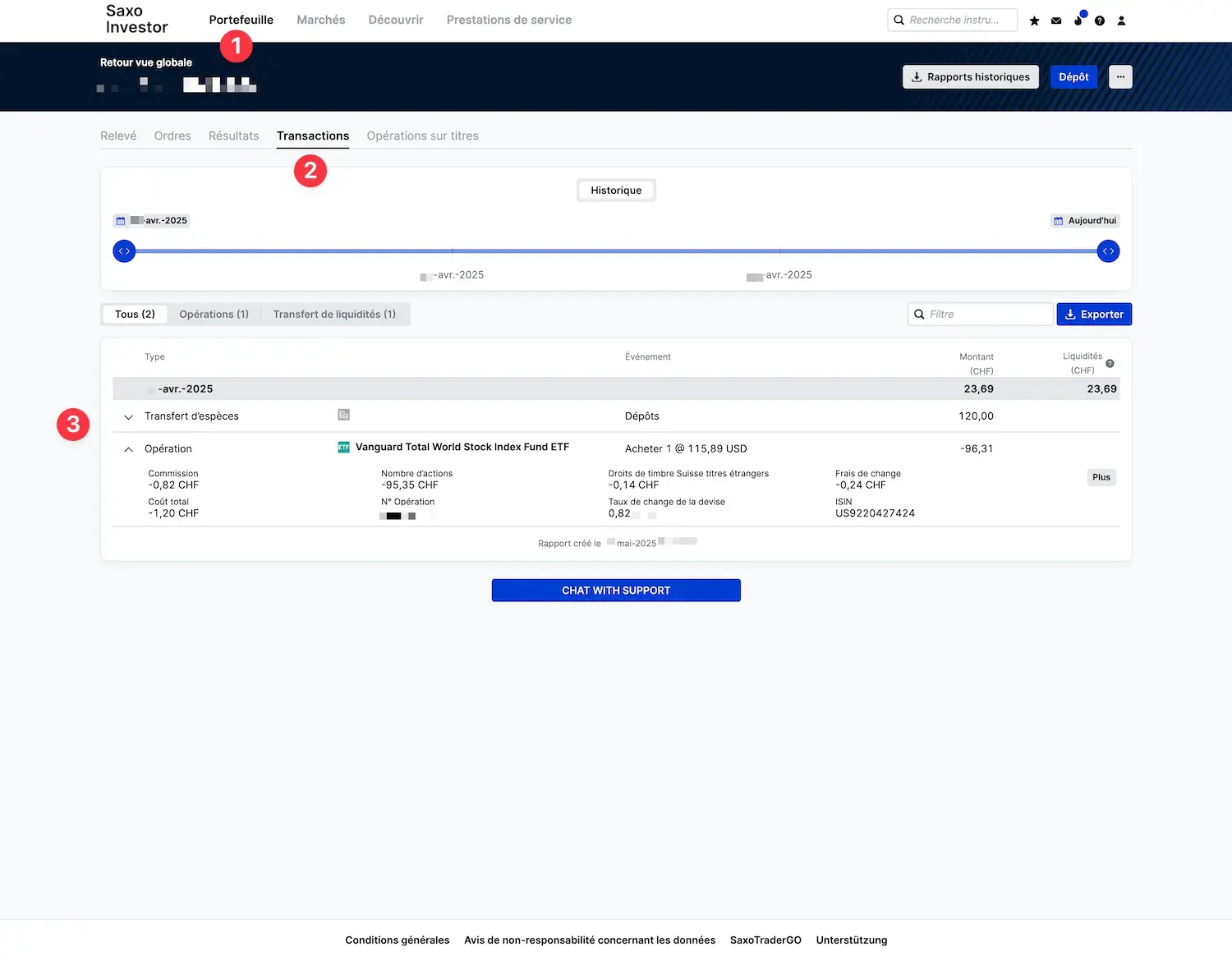 Liste des transactions effectuées sur ton compte de trading Saxo