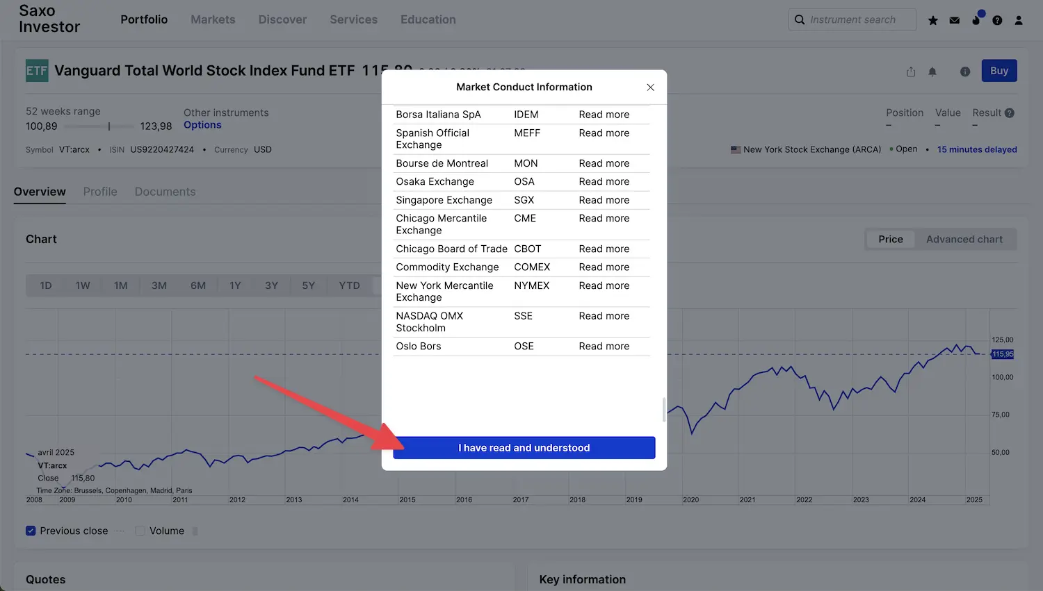 Saxo asks you to confirm that you have read the information about the rules of conduct on the markets (for each stock exchange in Switzerland, New York, Montreal, etc.)