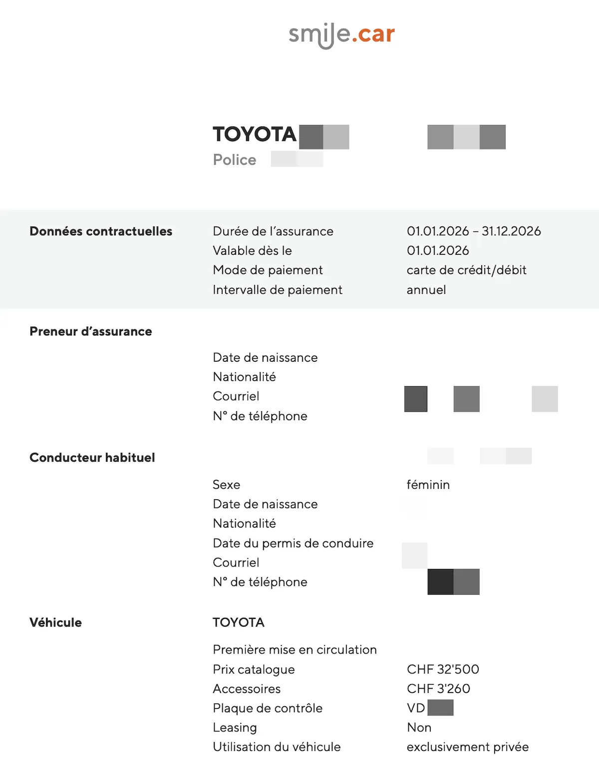 Details der Autoversicherung Smile.car der Familie MP (du wirst feststellen, dass sie auf den Namen von Frau MP läuft, um weniger zu bezahlen ;))