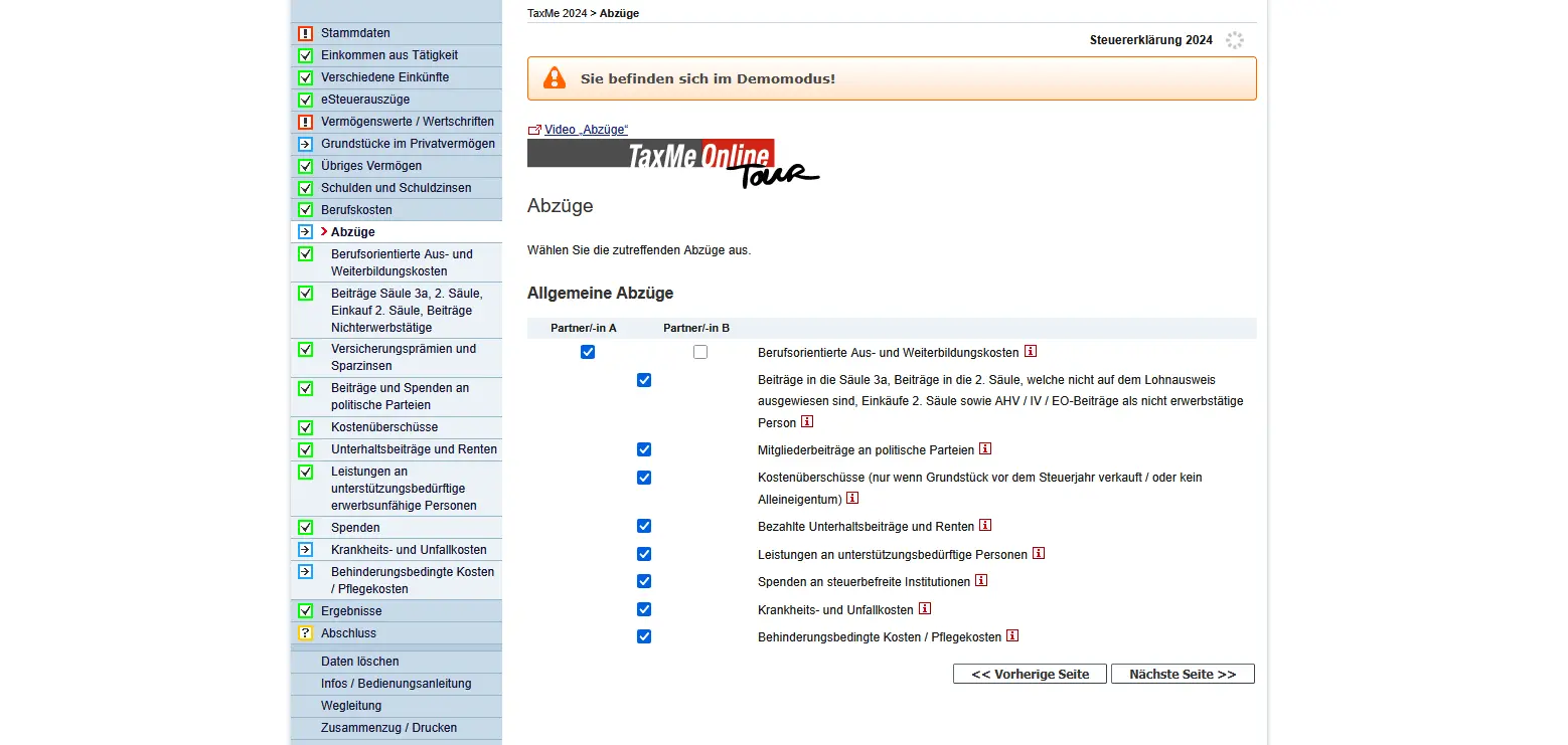 Abschnitt über die Steuerabzüge in TaxMe-Online (Kanton Bern)
