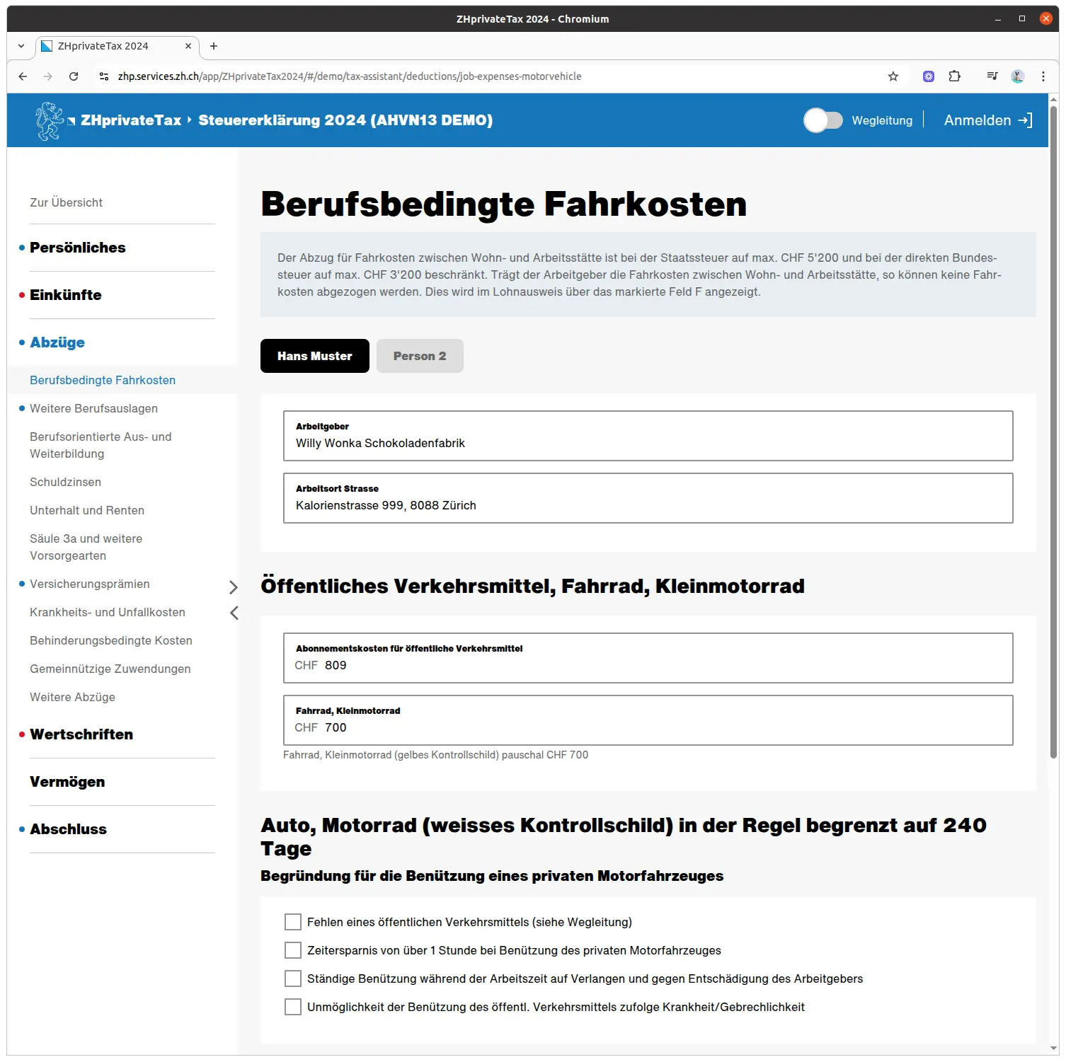 Übersicht über die Steuerabzüge in ZHprivateTax (Kanton Zürich)