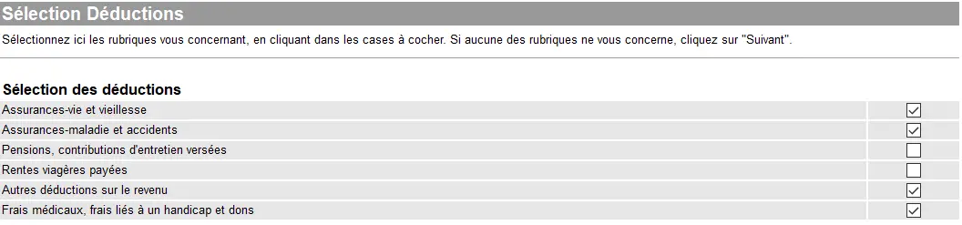 Section des déductions fiscales dans GeTax (canton de Genève)