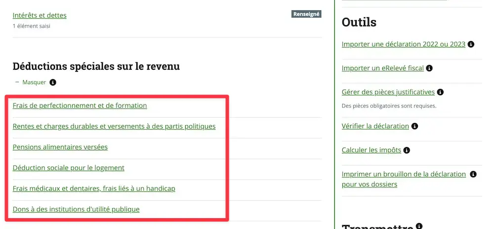 Vue d'ensemble des déductions fiscales dans VaudTax (canton de Vaud)