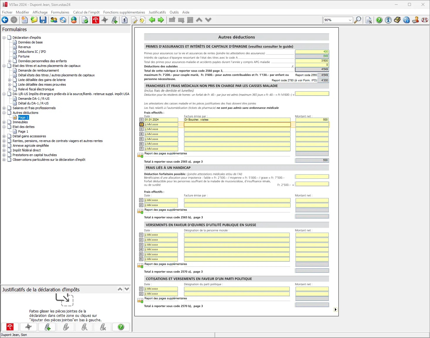Aperçu des déductions fiscales dans VSTax (canton du Valais)
