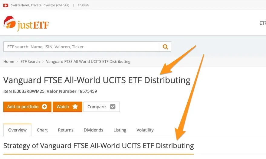 Le mot 'Distributing' sur le moteur de recherche d'ETFs JustETF.com indique que cet ETF VWRL est distributif