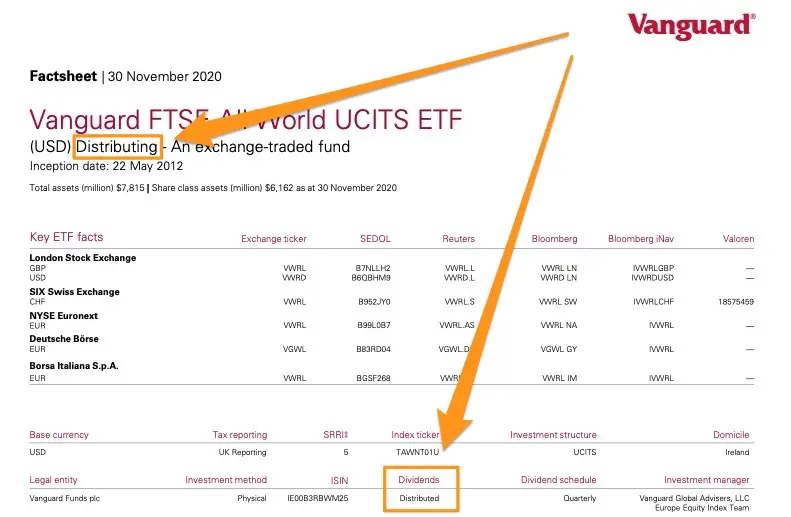 On retrouve aussi cette information dans la fiche d'information de l'ETF fourni par l'emetteur dudit ETF, ici Vanguard pour son ETF VWRL distributif