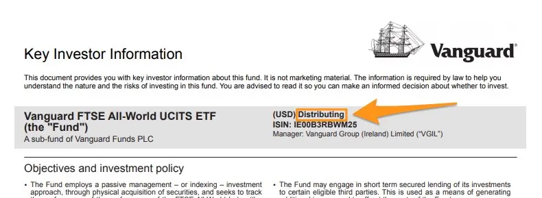Enfin, on peut aussi savoir si un ETF est accumulatif ou distributif en regardant la fiche d'informations clés pour l'investisseur (aka KIID)