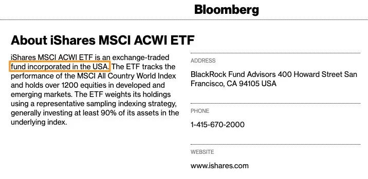 iShares/Blackrock's ACWI ETF is domiciled in the United States