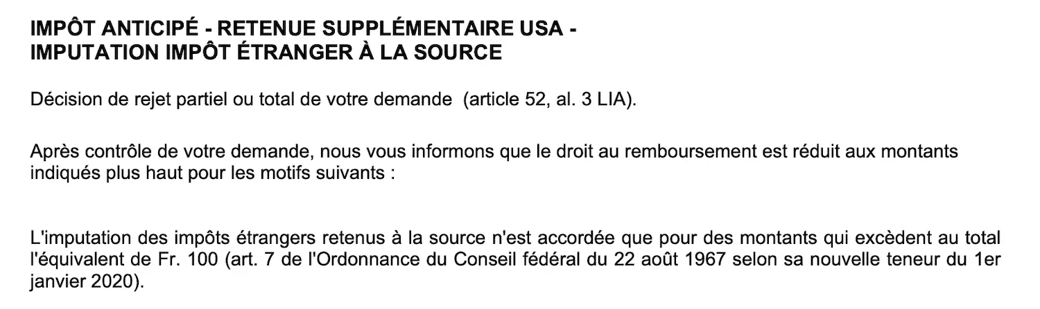 A reader's rejection decision: below CHF 100 of foreign tax, no DA-1 crediting
