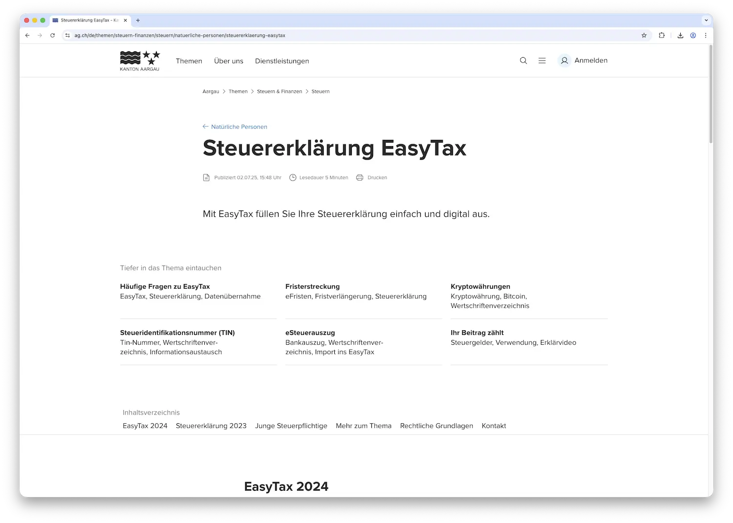 Startseite von EasyTax Aargau