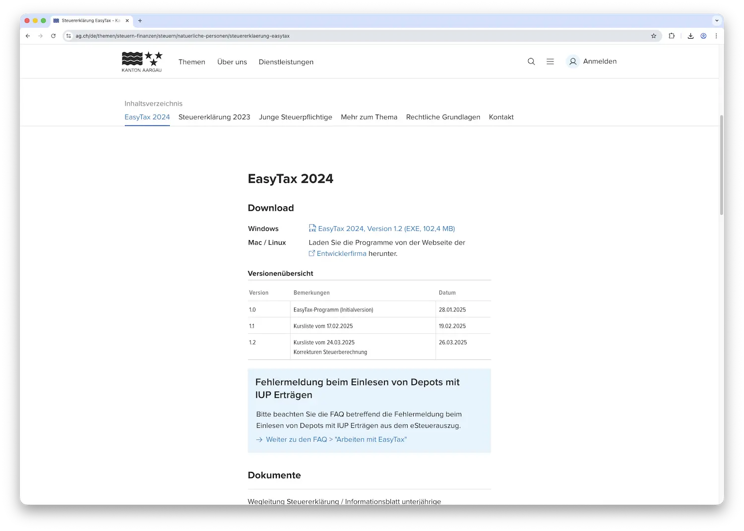 Die verschiedenen Versionen der Steuersoftware EasyTax für den Kanton Aargau