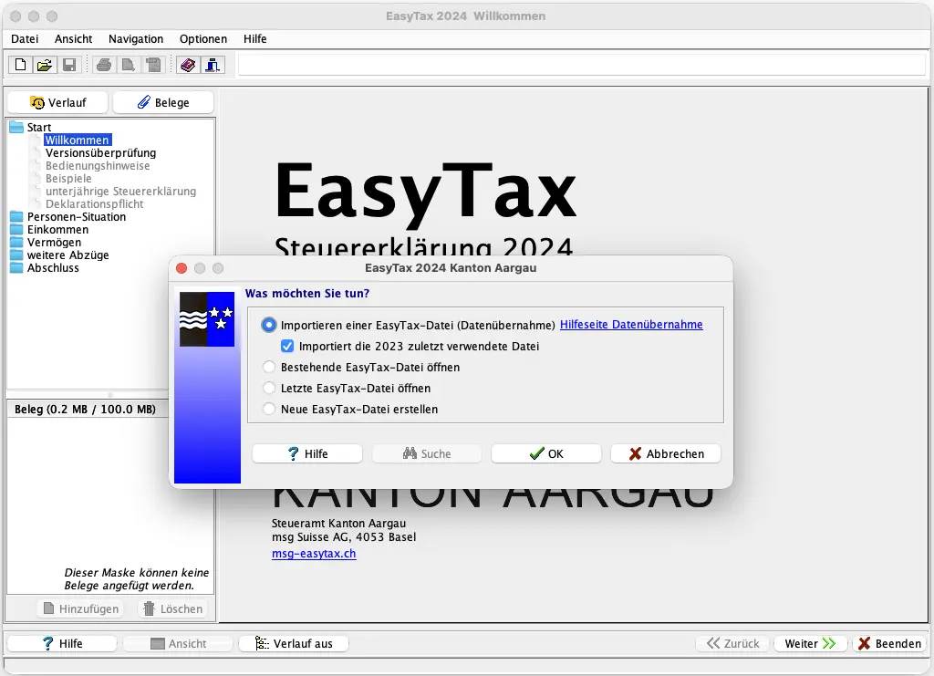 Bildschirm zum Importieren deiner letzten Steuererklärung in EasyTax Aargau