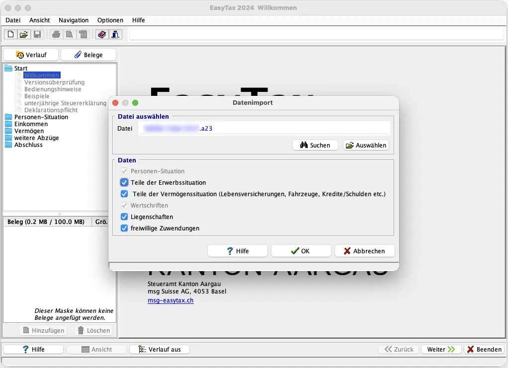 Wähle die Steuererklärung aus, die du importieren willst
