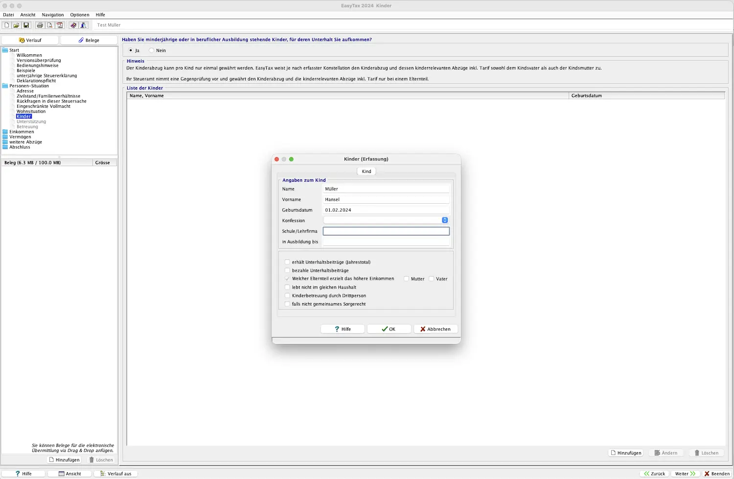 Erfassung eines unterhaltspflichtigen Kindes in EasyTax Aargau