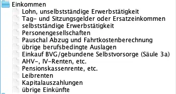 Übersicht der Einkommensarten in EasyTax Aargau (Einkommen)