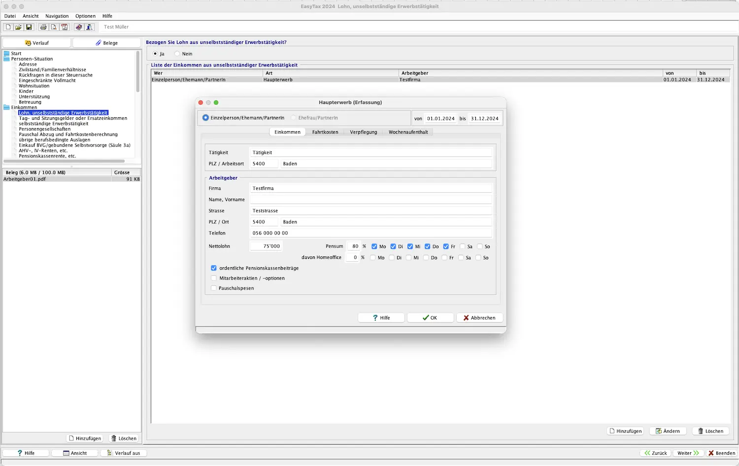 Erfassung des Lohneinkommens aus unselbstständiger Erwerbstätigkeit in EasyTax Aargau