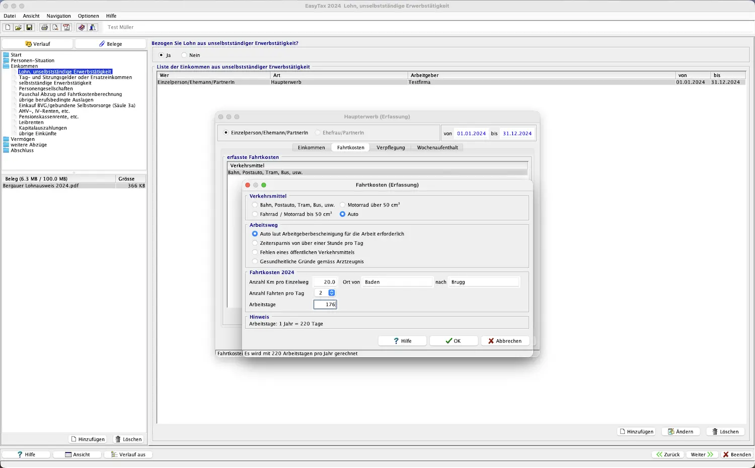 Erfassung der Fahrkosten zum Arbeitsort bei unselbstständiger Erwerbstätigkeit in EasyTax Aargau