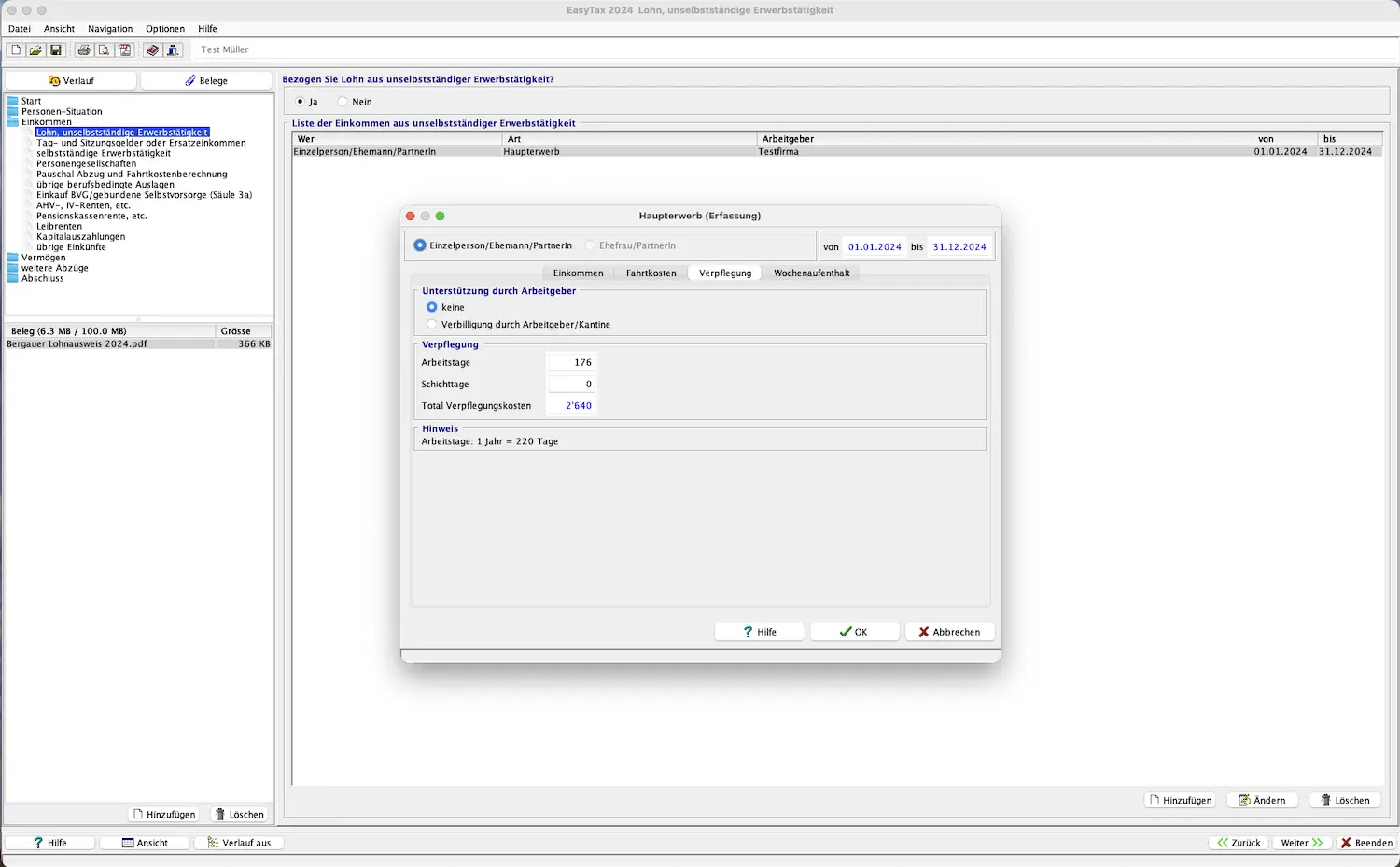 Erfassung der Verpflegungskosten bei unselbstständiger Erwerbstätigkeit in EasyTax Aargau