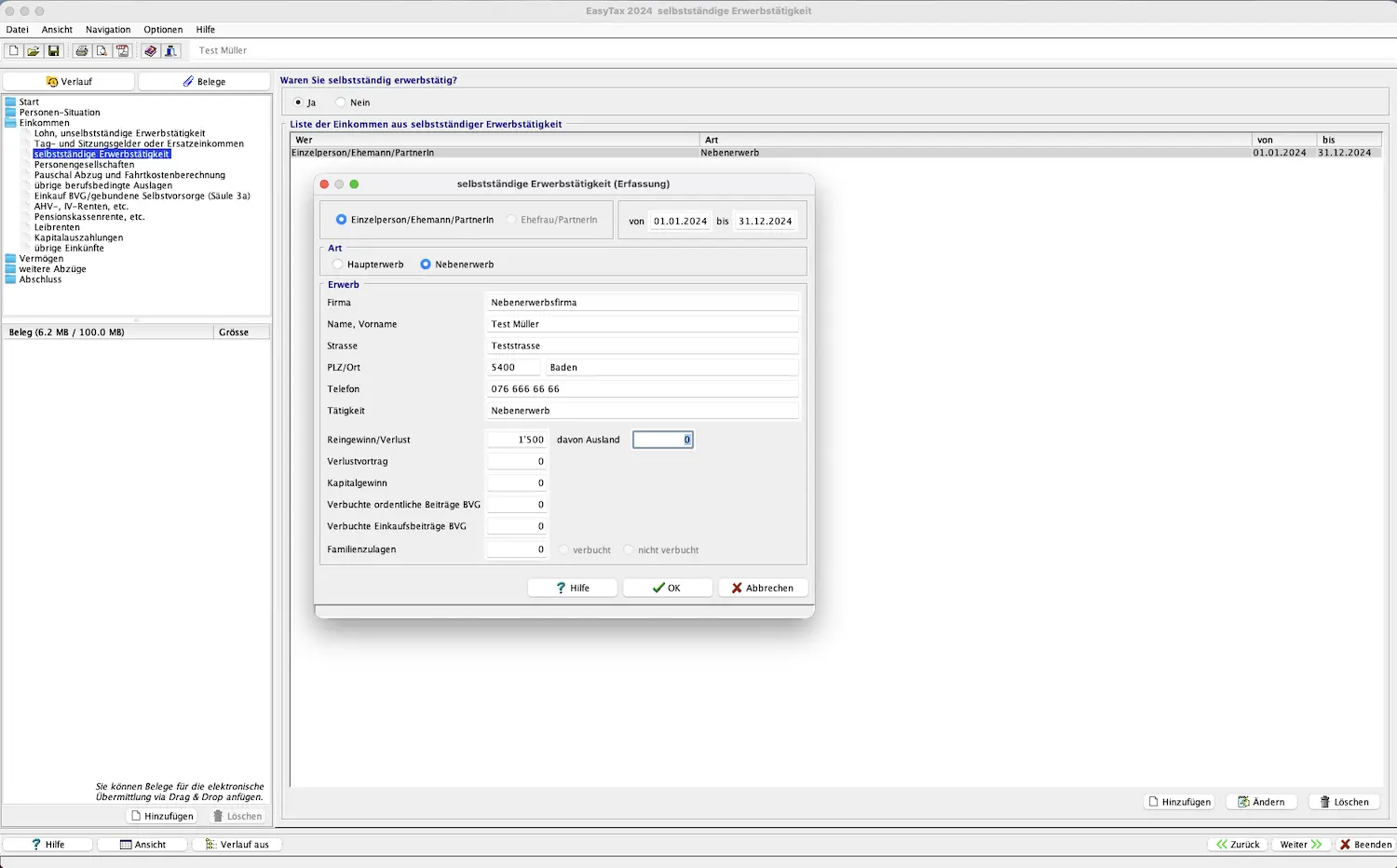 Erfassung von Einkommen aus selbstständiger Erwerbstätigkeit in EasyTax Aargau
